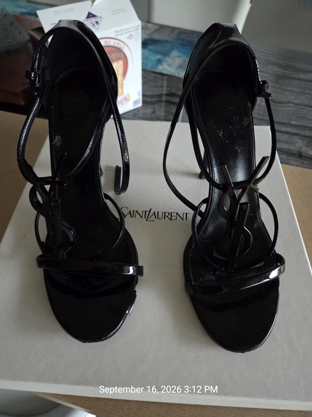 Saint Laurent Black Patent Leather YSL Logo Strappy Heel